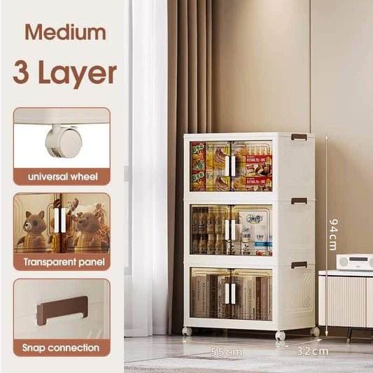 White 3-layer storage cabinet with clear panels and universal wheels