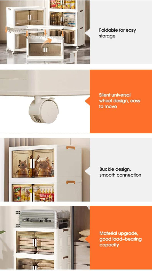 White stackable storage boxes with clear doors, open shelves, and wheel bases