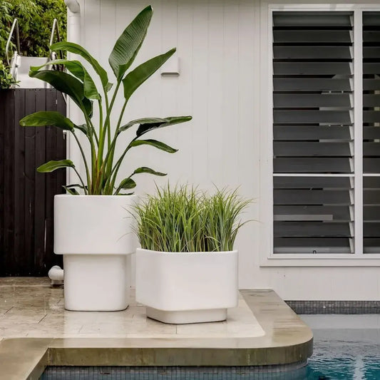 White stacked cube planters set with green plants in two sizes