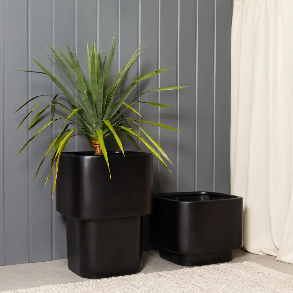 Black stacked cube planters set with long, spiky grass plant