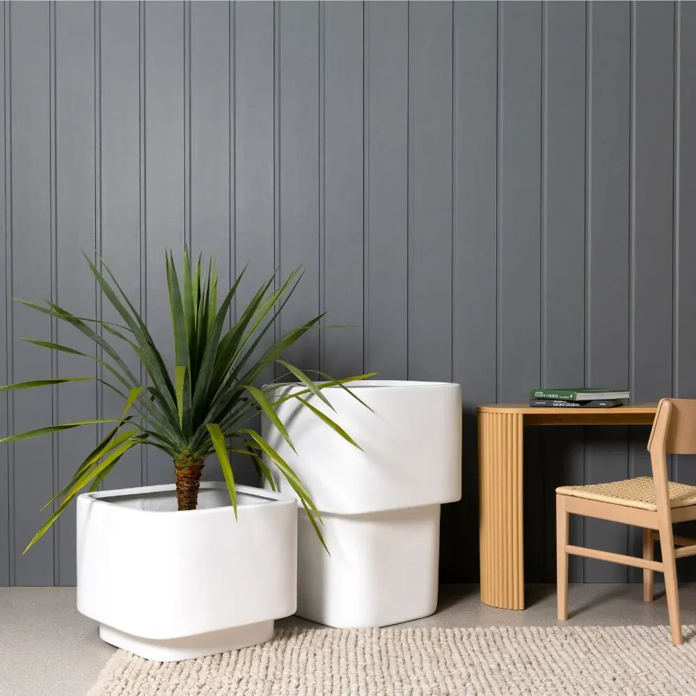White cube planter set with three planters, nested and stacked for plants