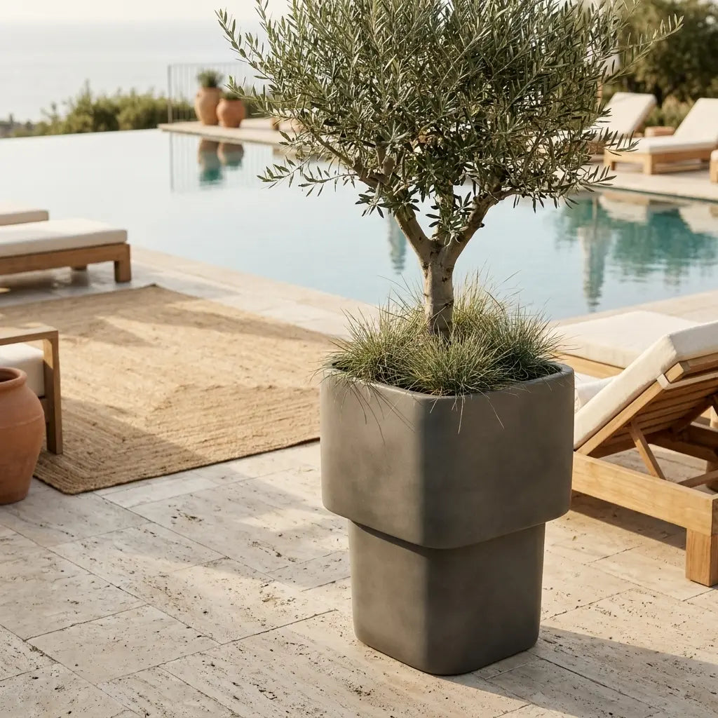 Concrete gray stacked cube planter set with grasses in two levels