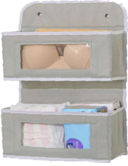Gray two-layer hanging door storage bag with clear front pockets, top and bottom