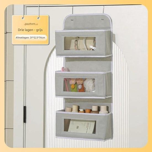 Three-tier hanging organizer bag with gray fabric and three front storage pockets