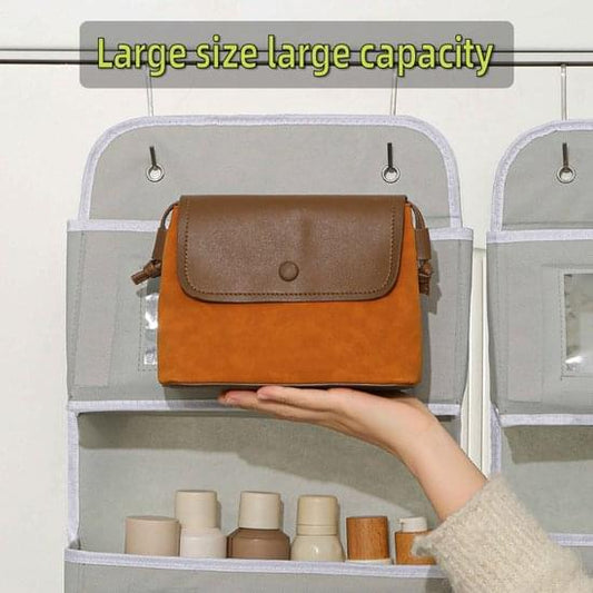Door storage organizer bag, large front pouch with hook-hanging frame and shelves