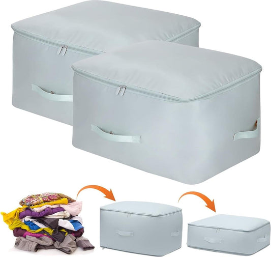 Set of light blue compression storage bags with carry handles and front zipper