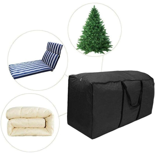 Black storage bag with carry handle, shown for cushions and pillows