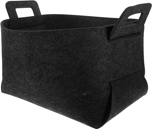 Small felt storage basket in dark black with two side carrying handles.