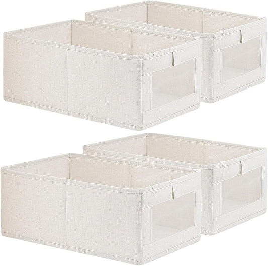 Set of 4 beige fabric storage bins with handles and mesh side window panels