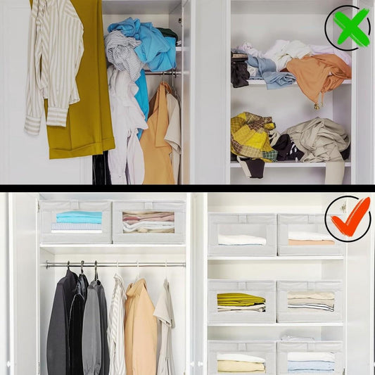 Fabric closet storage bins with side mesh windows and open front compartments