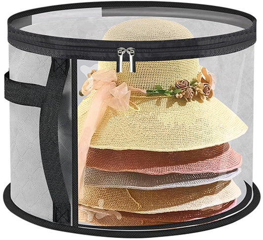 Extra-large hat storage bag with clear window and round top zipper lid