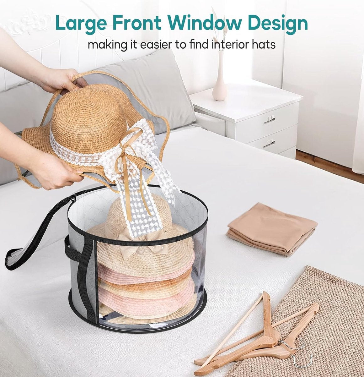 Storage Box - Extra Large Clear Hat Storage Bag - Holds up to 7 Hats - Cowboy Hat Wardrobe Storage Bag - Wide Brim Hat Box with Handle - (Grey)
