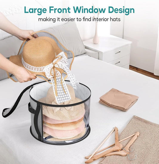 Round clear-front hat storage bag with black trim and wide carry handle