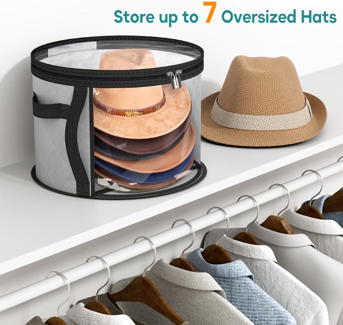 Storage Box - Extra Large Clear Hat Storage Bag - Holds up to 7 Hats - Cowboy Hat Wardrobe Storage Bag - Wide Brim Hat Box with Handle - (Grey)