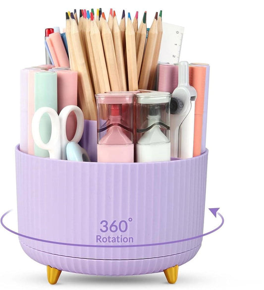 Purple rotating pen and art organizer box with ribbed sides and 360° base stand