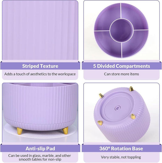 Purple rotating storage box with five divided compartments and circular center divider