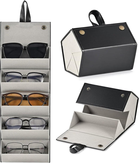 Gray roll-up glasses storage organizer with multiple slots and black handle