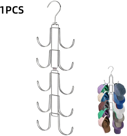Foldable silver multi-hook rack with hanging bar and curved hooks for accessories