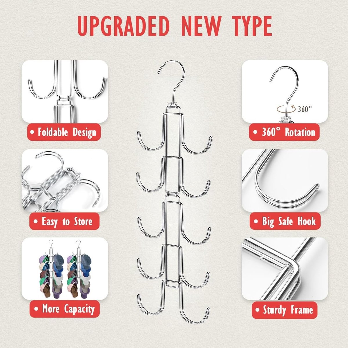 Storage Rack - Clothing and Hat Organizer - Bag Hanger - Foldable Hooks - Storage Accessories - Suitable for storing hats, bags, scarves, and belts - Silver - 14.5 x 1 x 48 cm - 24.5 cm folded