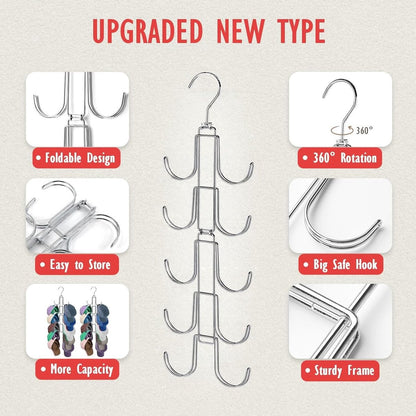 Storage Rack - Clothing and Hat Organizer - Bag Hanger - Foldable Hooks - Storage Accessories - Suitable for storing hats, bags, scarves, and belts - Silver - 14.5 x 1 x 48 cm - 24.5 cm folded