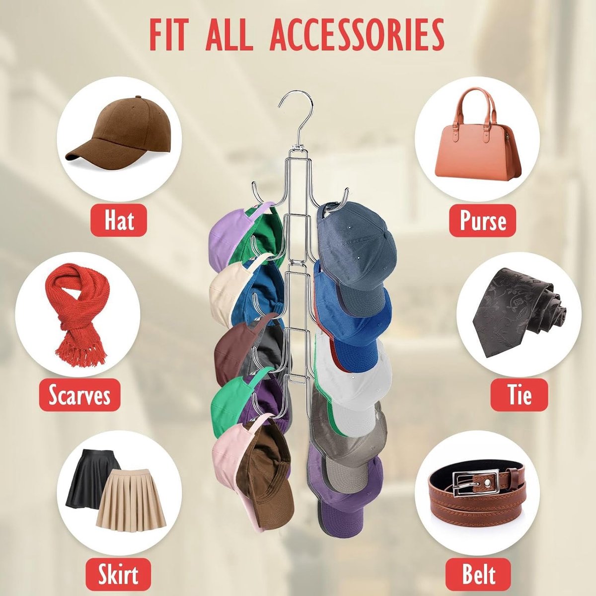 Storage Rack - Clothing and Hat Organizer - Bag Hanger - Foldable Hooks - Storage Accessories - Suitable for storing hats, bags, scarves, and belts - Silver - 14.5 x 1 x 48 cm - 24.5 cm folded