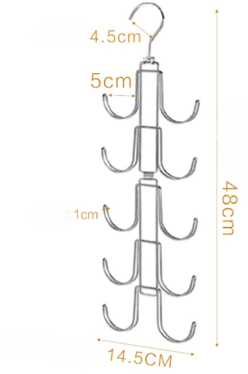 Storage Rack - Clothing and Hat Organizer - Bag Hanger - Foldable Hooks - Storage Accessories - Suitable for storing hats, bags, scarves, and belts - Silver - 14.5 x 1 x 48 cm - 24.5 cm folded