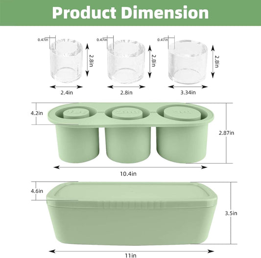 Green silicone ice cube tray with three round molds and outer storage lid
