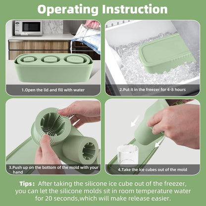 Store Ice Cube Tray for Stanley Cup 30-40 oz Tumbler 3pcs Silicone Ice Cube Molds With Lid and Bin for Chilling Cocktails Whiskey Drinks Juice Coffee Easy Fill and Release Ice Maker(Green, 40 oz)