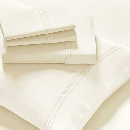White king sheet set with embroidered edge piping and folded fitted and flat sheets