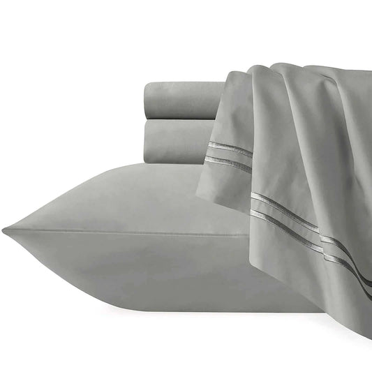 Charcoal gray super king sheet set with silver embroidered stripe and pillowcases