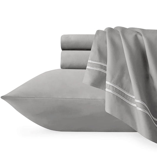 Silver and white embroidered quilt cover set with striped border pillowcases