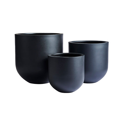Charcoal gray planter trio with three round pots in graduating sizes