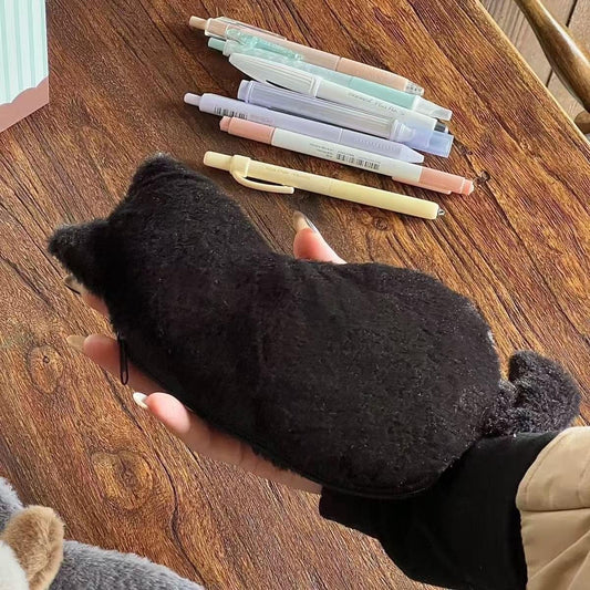 Black cat-shaped plush pencil case with zipper closure
