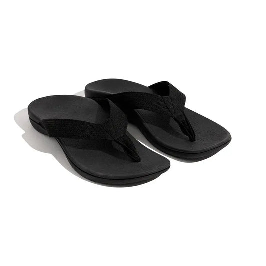 Black orthotic thong sandals with textured footbed and fabric toe post straps