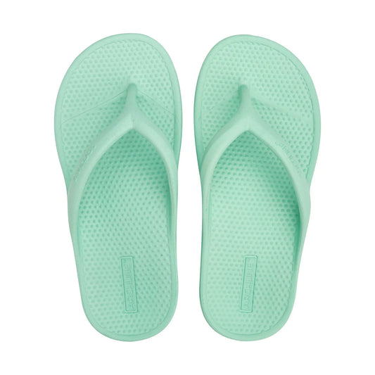 Mint green orthotic thong sandals, textured footbed with V toe post and strap