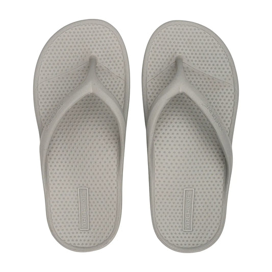 Grey orthotic thong sandals with textured footbed and cushioned V-strap