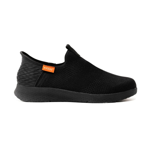 Black knit slip-on orthotic shoe with orange Axign logo patch and cushioned sole