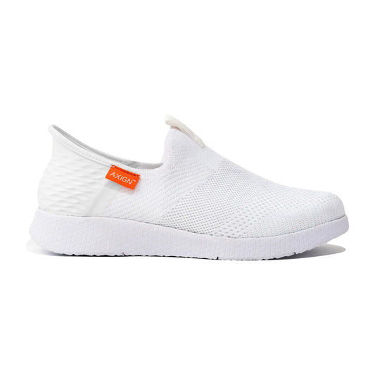 White slip-on orthotic shoe with textured knit upper and padded sole