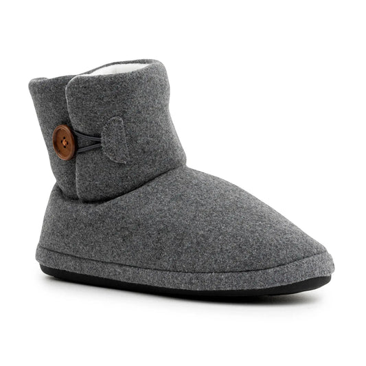 Grey marl boot slippers with button tab on side and low-profile dark sole