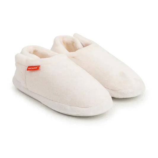Archline orthotic closed slippers in plush white fabric, cushioned footbed, low profile sole