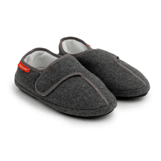 Grey marl orthotic slipper with hook-and-loop strap and cushioned lining