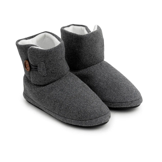Grey marl ankle-high boot slippers with button tab and white-lined collar