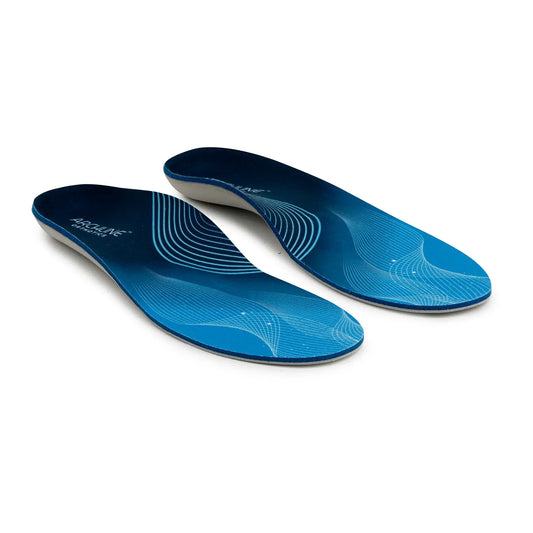 Pair of blue Archline orthotic insoles with white contour lines on top
