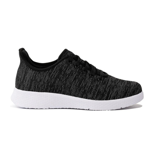 Charcoal knit casual orthotic sneaker with black laces and white sole
