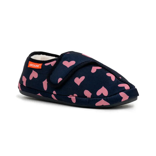 Navy heart-print orthotic slippers with padded collar and adjustable strap