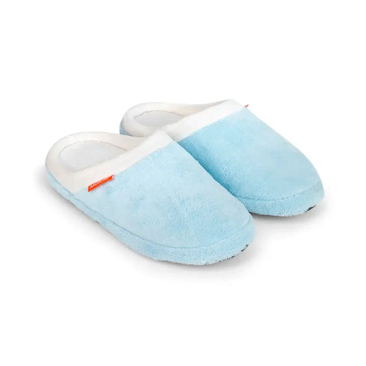 Light blue baby orthotic slip-on slippers with cushioned lining and red label