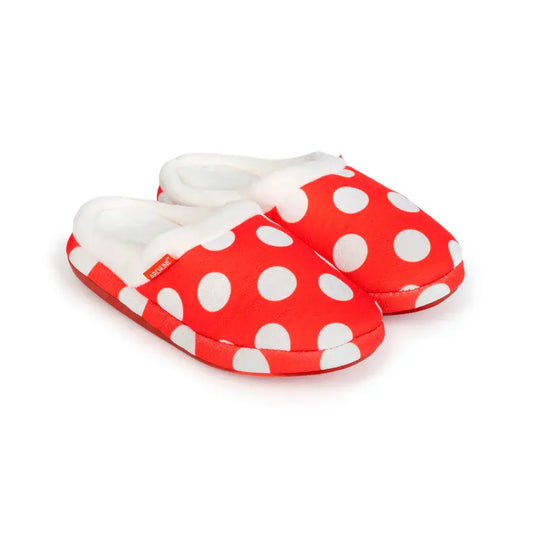 Red polka-dot slip-on orthotic slippers with white fleece lining and cushioned insole