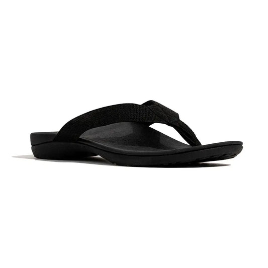 Black orthotic thong sandal, side view with cushioned sole and adjustable strap