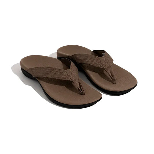 Khaki orthotic thong sandals with wide woven toe strap and contoured footbed