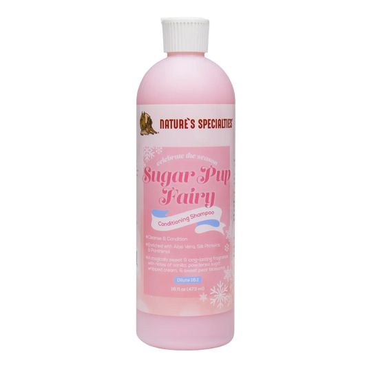 Nature's Specialties dog conditioning shampoo bottle, pink, side view with white cap